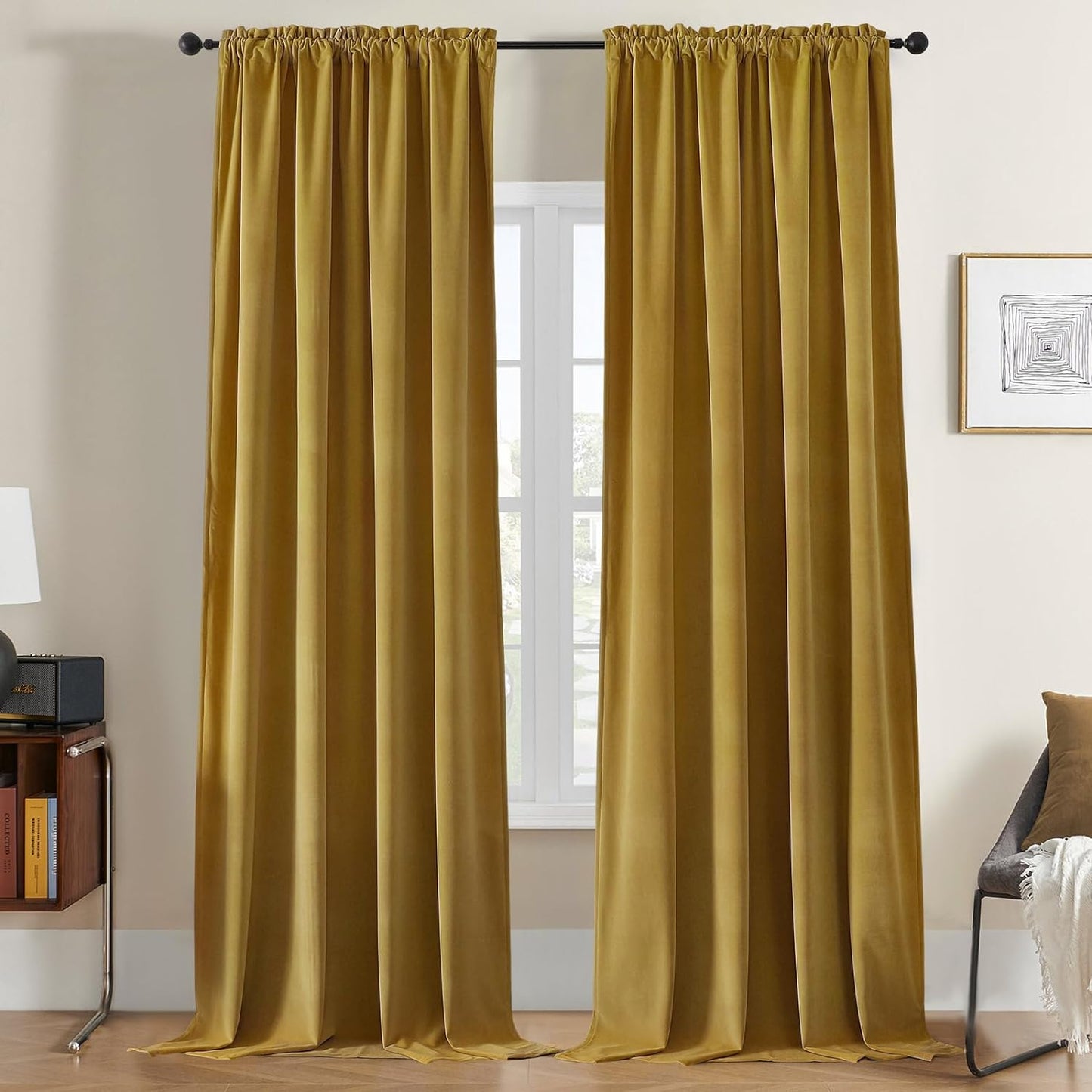 Joydeco Black Velvet Curtains 90 Inch Length 2 Panels, Luxury Blackout Rod Pocket Thermal Insulated Window Curtains, Super Soft Room Darkening Drapes for Living Dining Room Bedroom,W52 X L90 Inches  Joydeco Rod Pocket | Golden Brown 52W X 84L Inch X 2 Panels 
