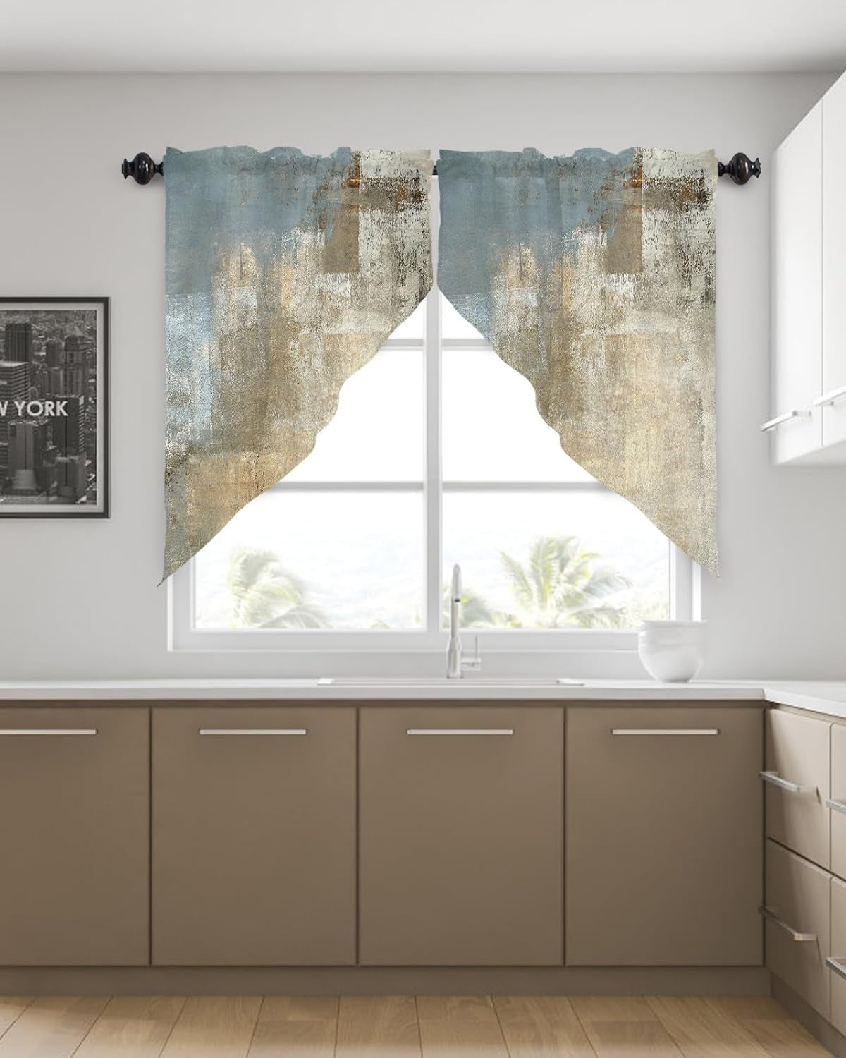 Abstract Swag Valance Curtains Retro Rustic Country Style Farmhouse Art Oil Painting Rod Pocket Kitchen Curtains Scalloped Window Treatment Valances Swag Curtains for Living Room, 1 Pair, 28"W X 36"L