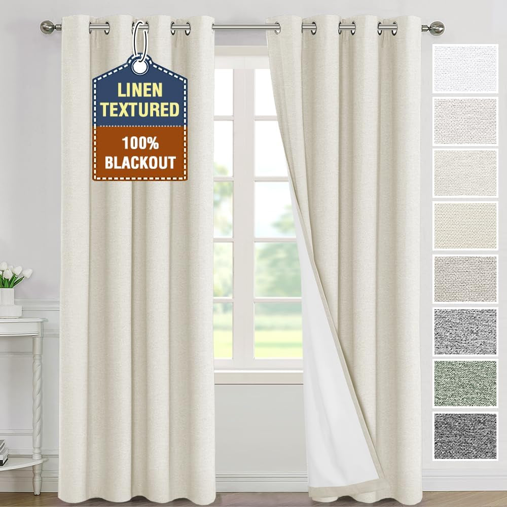 H.VERSAILTEX Linen Curtains Grommeted Total Blackout Window Draperies with Linen Feel, Thermal Liner for Energy Saving 100% Blackout Curtains for Bedroom 2 Panel Sets, 52X96 Inch, Ultimate Gray  H.VERSAILTEX Pale Oak 52"W X 108"L 