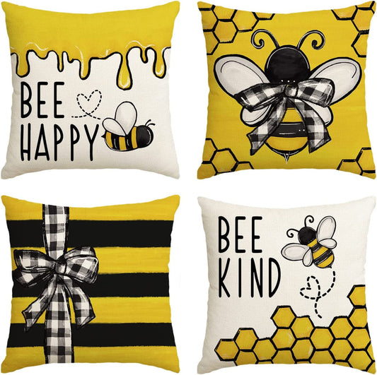 AVOIN Colorlife Bee Happy Bee Kind Throw Pillow Covers, 18 X 18 Inch Honey and Bee Summer Cushion Case Decoration for Sofa Couch Set of 4