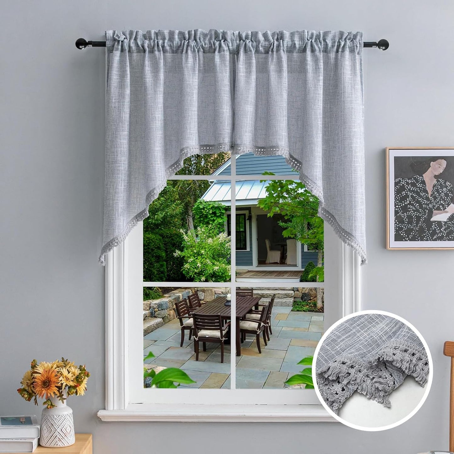 Beda Home Tassel Linen Textured Swag Curtain Valance for Farmhouses’ Kitchen; Light Filtering Rustic Short Swag Topper for Small Windows Bedroom Privacy Added Rod Pocket Design(Nature 36X63-2Pcs)  BD BEDA HOME Grey 36Wx36L - 2 Panels 