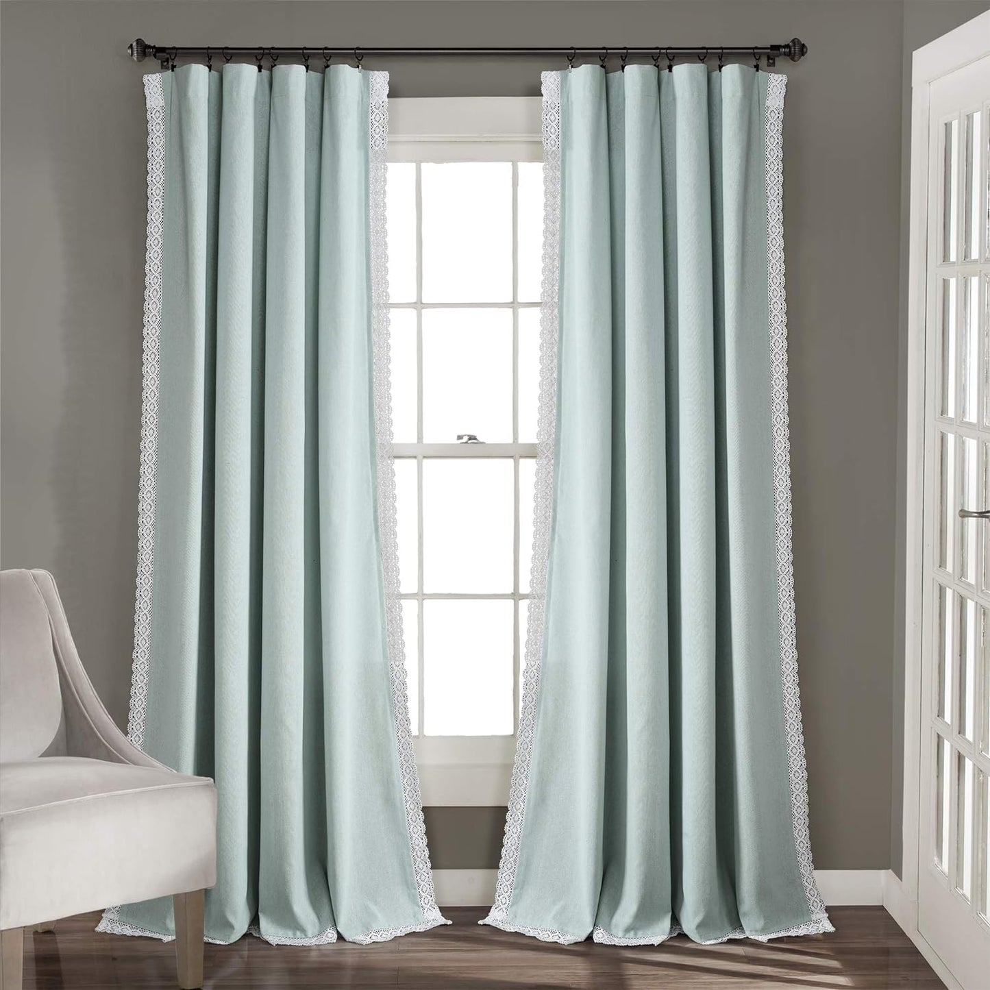 Lush Decor Rosalie Light Filtering Window Curtain Panel Set- Pair- Vintage Farmhouse & French Country Style Curtains - Timeless Dreamy Drape - Romantic Lace Trim - 54" W X 84" L, White  Triangle Home Fashions Blue Window Panel 54"W X 95"L