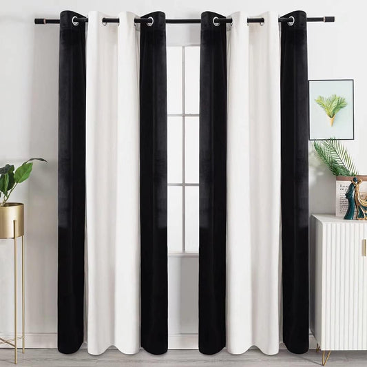 Victree Color Block Velvet Curtains for Bedroom, Patchwork Blackout Curtains 52 X 84 Inch Length - Room Darkening Sun Light Blocking Grommet Window Drapes for Living Room, 2 Panels, Black and White  Victree Black/White 52 X 96 Inches 