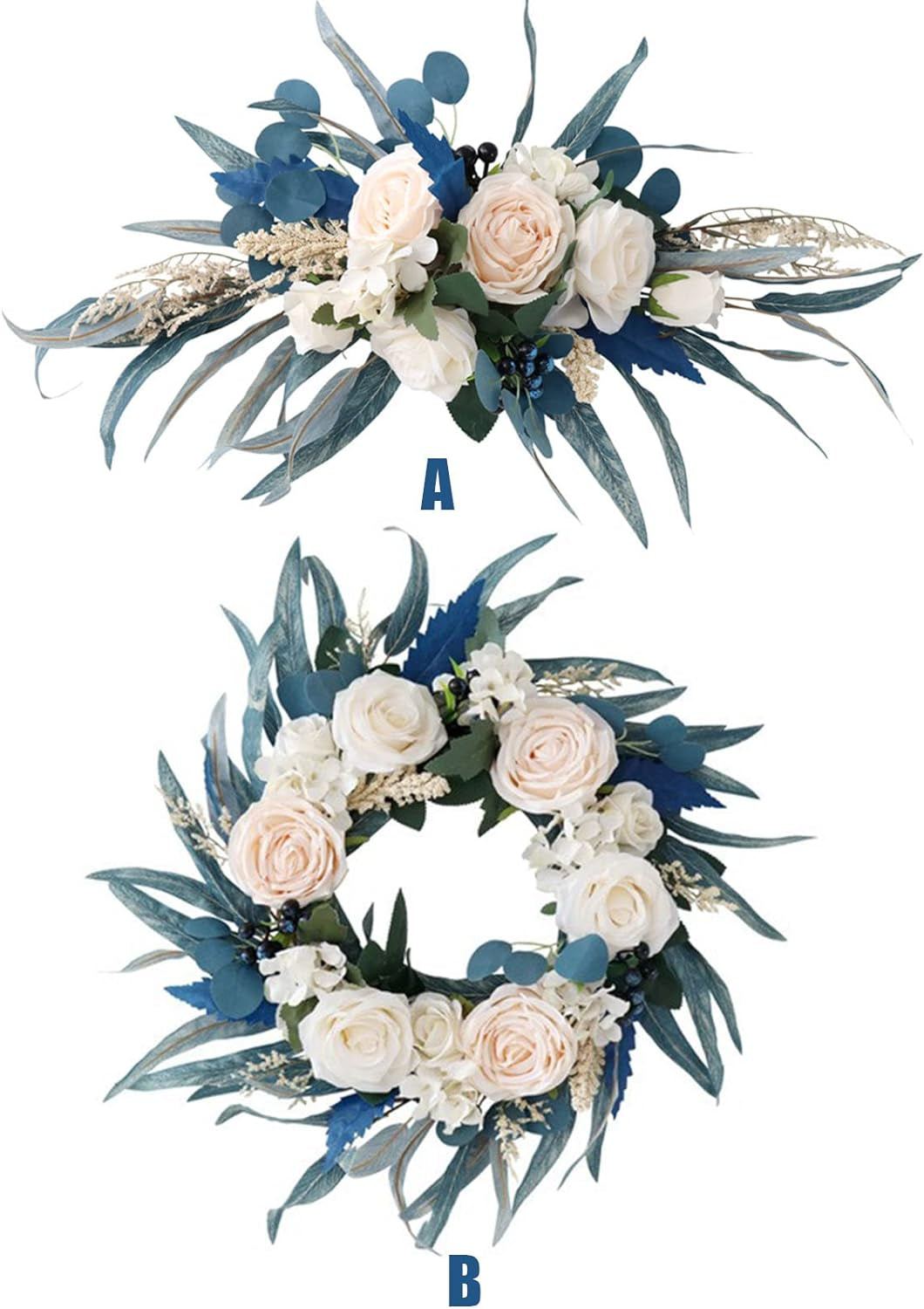 IUIBMI Spring Wreath with Malachite Blue Leaves and Silk Roses Flowers, Artificial Door Wreaths Swag for Front Door, Artificial Flower Wreath for Lintel Wall Window Wedding Arch Party Home Decor