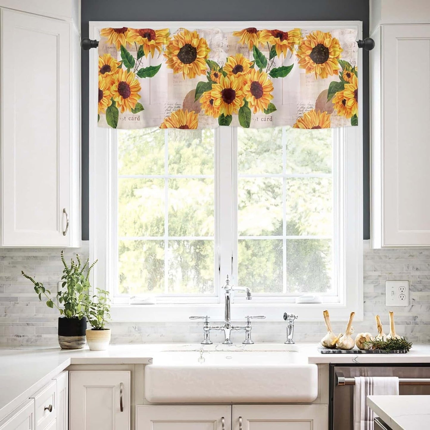 2 Pack Sunflower Valances for Window, Retro Flower Curtains Valance for Kitchen, 3" Rod Pocket Rustic Newspaper Clipping Floral Windows Treatment for Farmhouse Living Bedroom, 54 X 18 Inch, 2 Panel