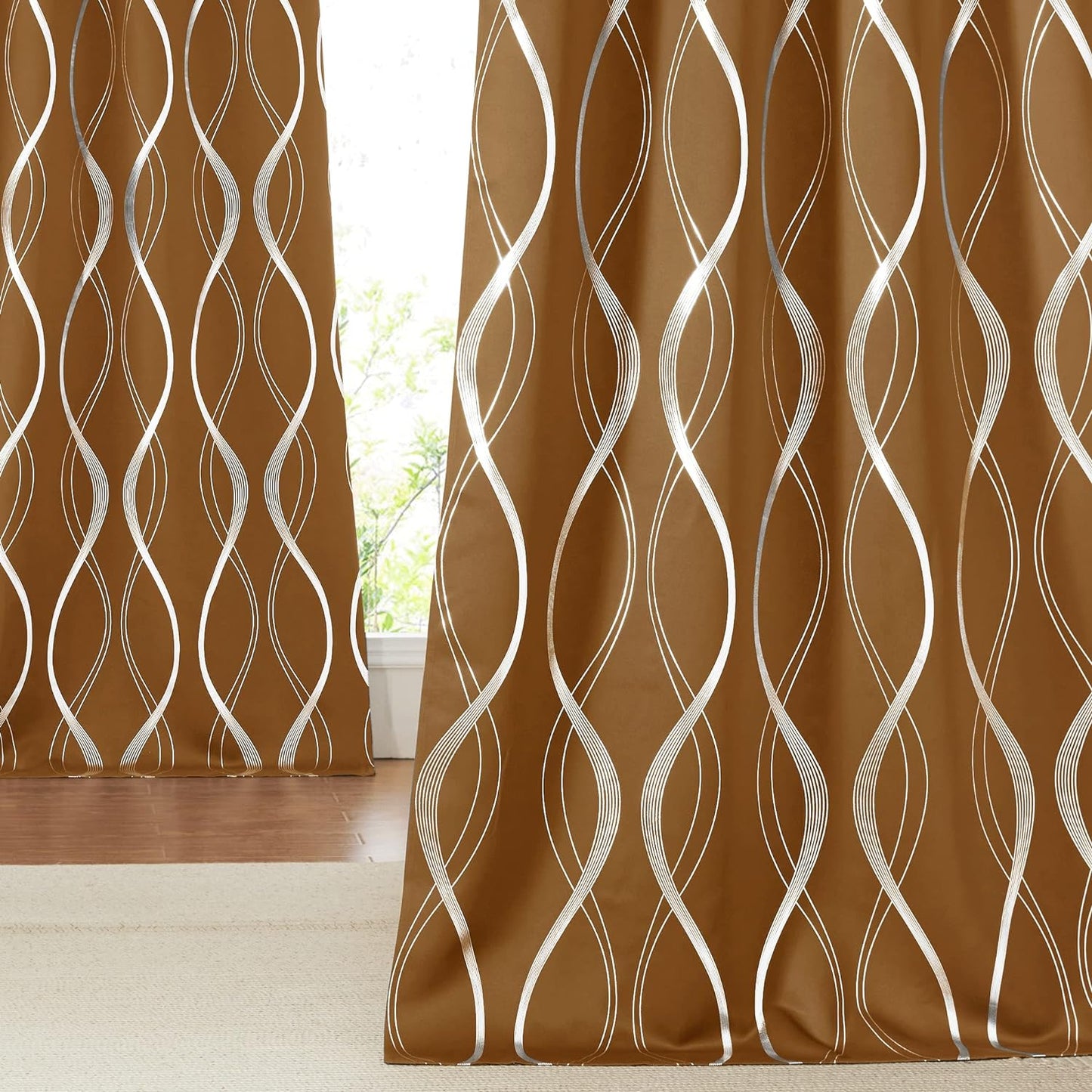 NICETOWN Grey Blackout Curtains 84 Inch Length 2 Panels Set for Bedroom/Living Room, Noise Reducing Thermal Insulated Wave Line Foil Print Drapes for Patio Sliding Glass Door (52 X 84, Gray)  NICETOWN Gold Brown 52"W X 84"L 