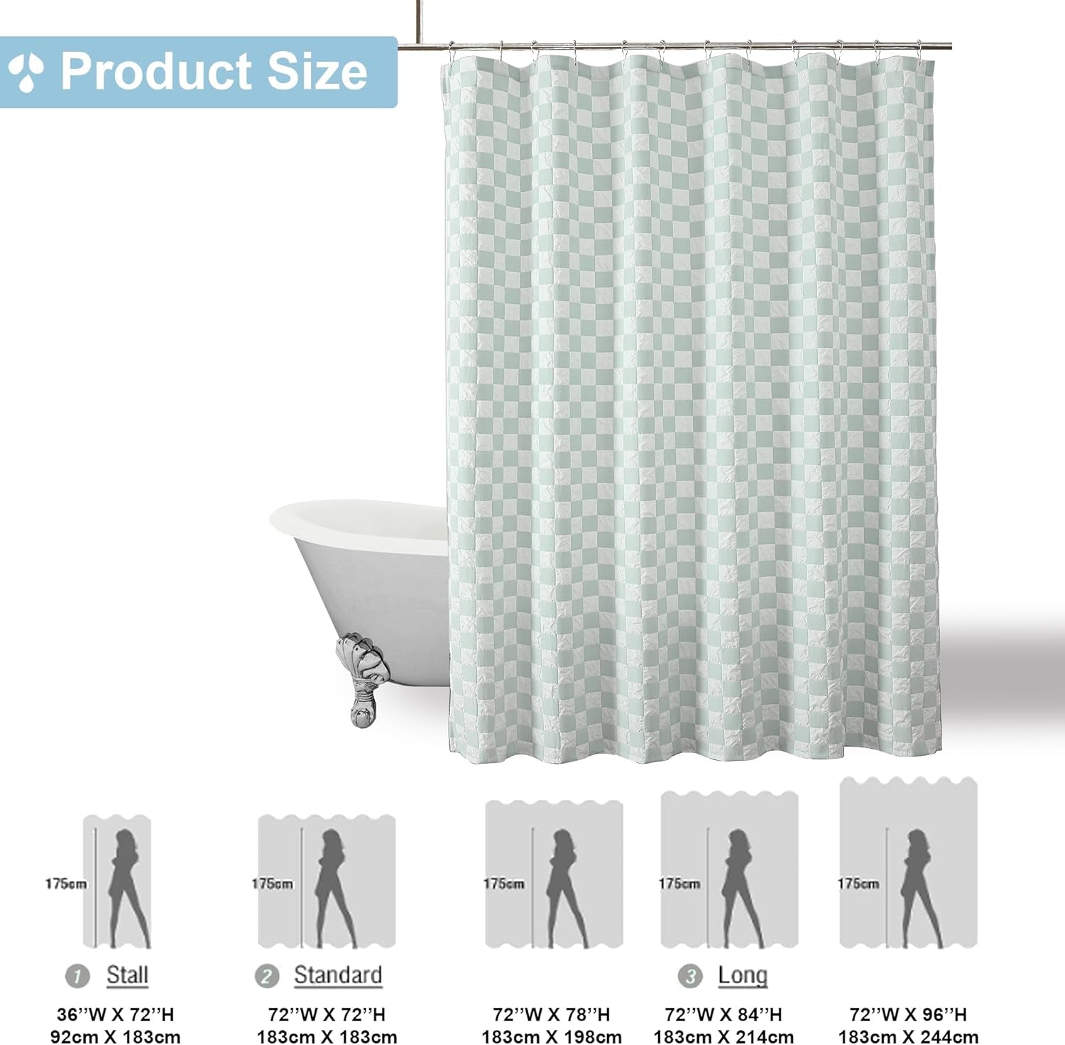 OVZME Abby 3D Embossed Fabric Shower Curtain, White and Green Checkered Shower Curtain for Bathroom, Country Farmhouse Checkboard Shower Curtain, Machine Washable Bath Shower Curtain, 72Wx72L