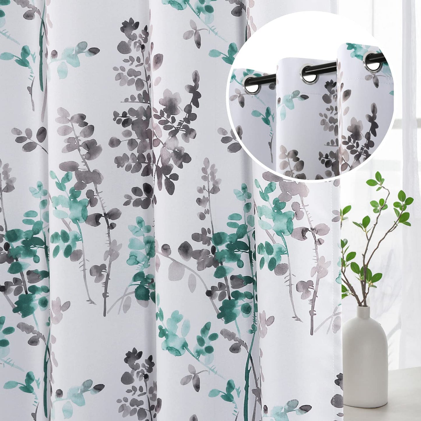 H.VERSAILTEX Blackout Curtains 45 Inch Length 2 Panels Set Room Darkening Thermal Curtains for Bedroom Sound Proof Grommet Floral Curtains, Bluestone and Taupe Vintage Classical Floral Printing  H.VERSAILTEX Grey/Turquoise 52"W X 84"L 