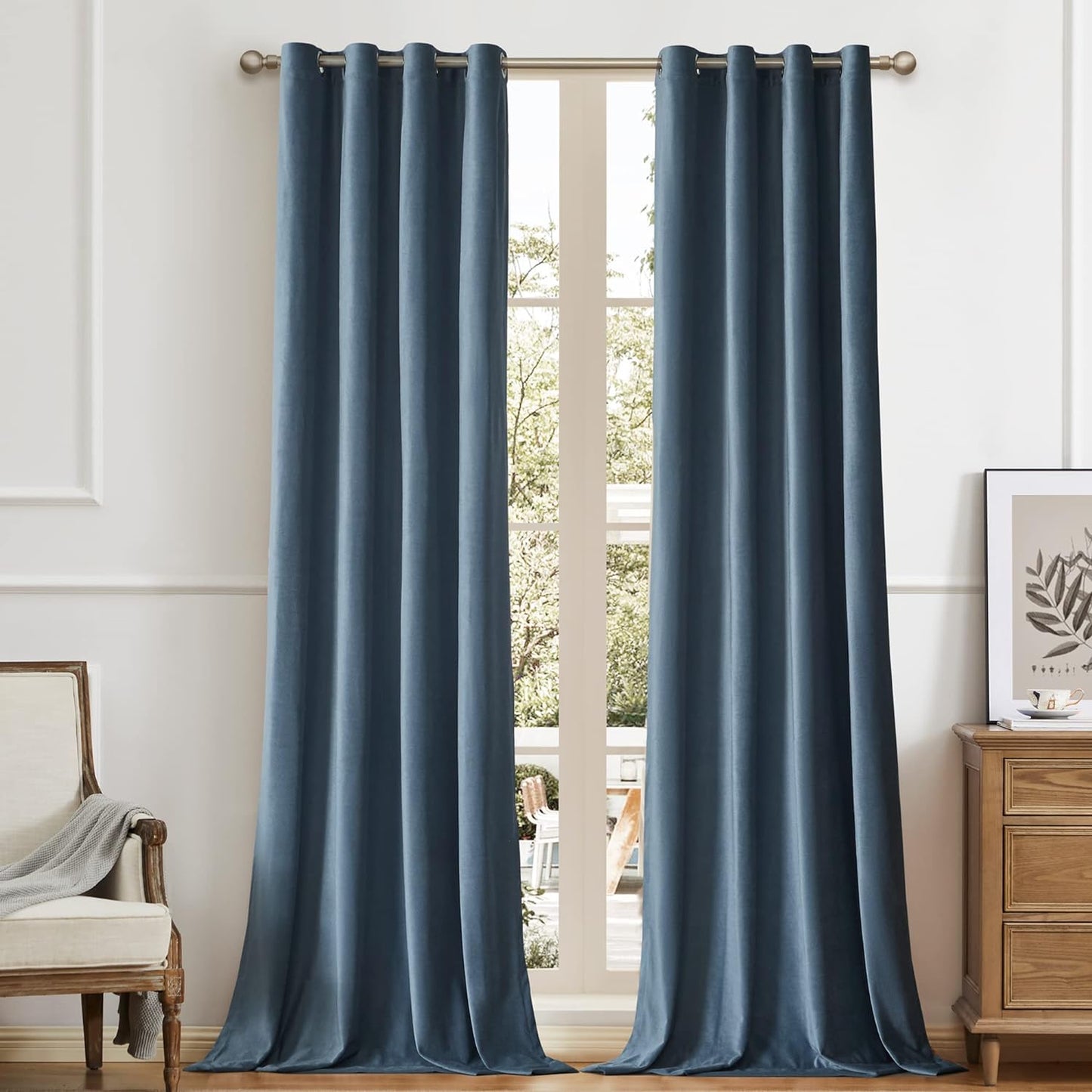 BULBUL Living Room Velvet Window Curtains 84 Inch Length- 2 Panels Hot Pink Blackout Window Drapes Curtains Thermal Insulated Room Darkening Decor Grommet Curtains for Bedroom  BULBUL Stone Blue 52"W X 108"L 