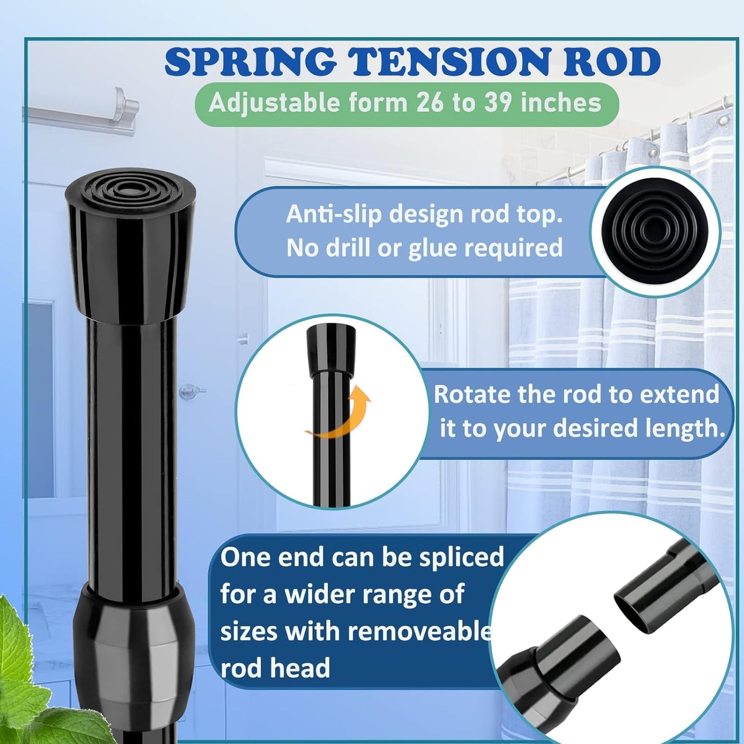 Tension Curtain Rod - 26 to 39 Inch Adjustable Spring Tension Rods for Windows No Drilling - Black Small Expandable Tension Curtain Rods for Closet, Cupboard, Kitchen and Doorway Curtains