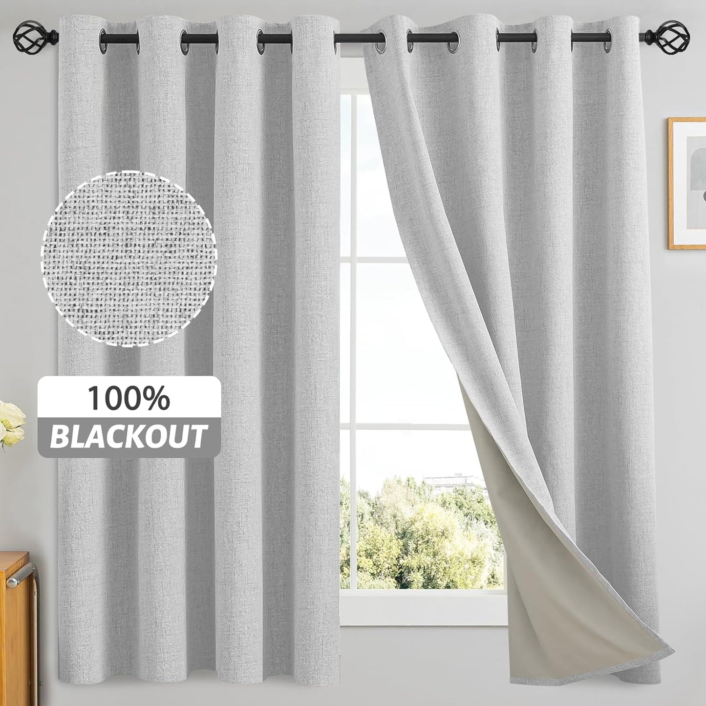 Yakamok Natural Linen Curtains 100% Blackout 84 Inches Long,Room Darkening Textured Curtains for Living Room Thermal Grommet Bedroom Curtains 2 Panels with Greyish White Liner  Yakamok White 52W X 63L / 2 Panels 