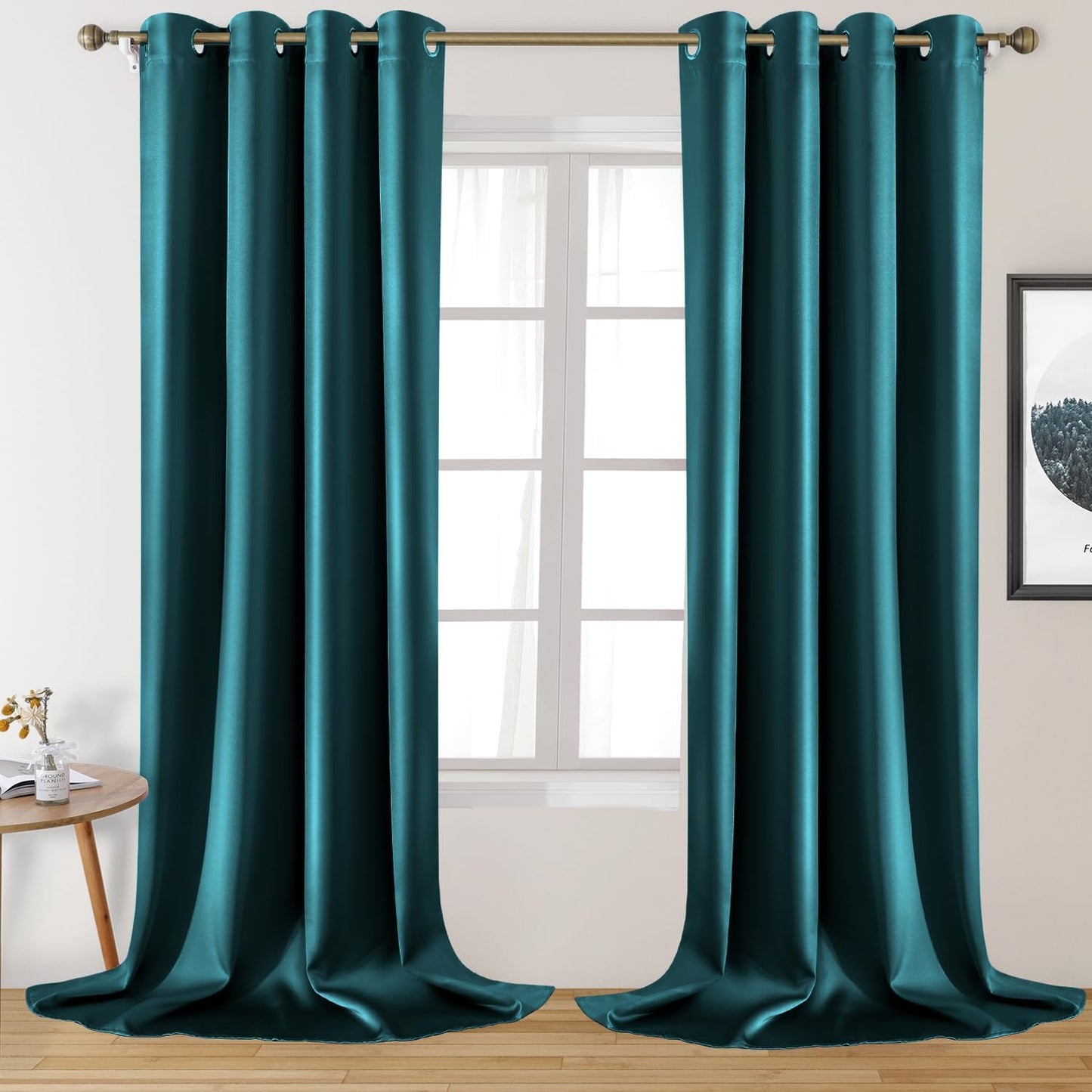 HOMEIDEAS Gold Blackout Curtains, Faux Silk for Bedroom 52 X 84 Inch Room Darkening Satin Thermal Insulated Drapes for Window, Indoor, Living Room, 2 Panels  HOMEIDEAS Teal 52" X 108" 
