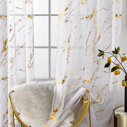 Sutuo Home Marble White Sheer Curtains 84 Inch Length, Gold Foil Print Metallic Bronzing, Privacy Window Treatment Decor Abstract Drape Pair 2 Panels Set for Bedroom Kitchen Living Room 52" W X 84" L  Sutuo Home Gold And White 52" W X 96" L, 2 Panels 