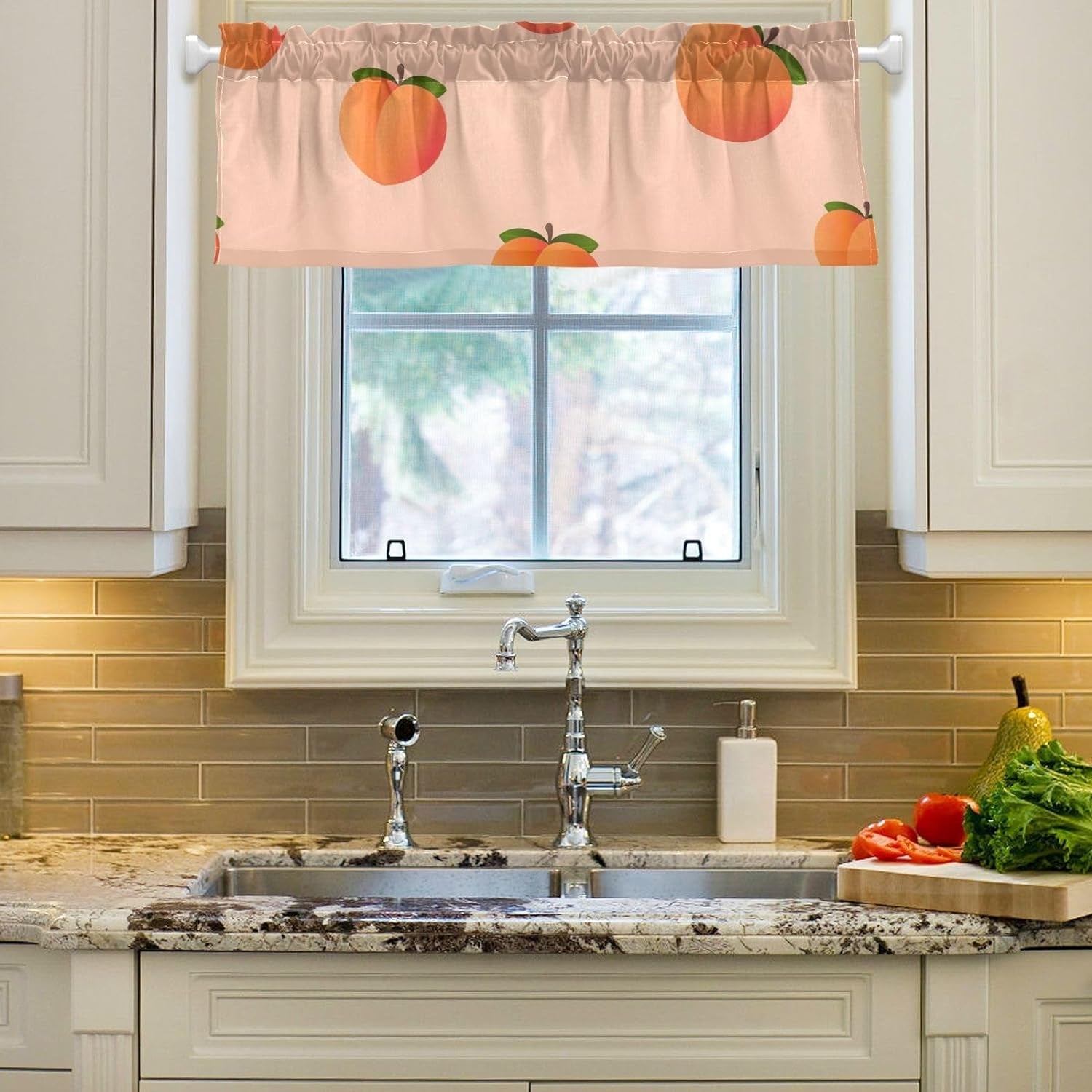Pink Peach Fruit Kitchen Curtains for Kitchen Window Bedroom 54 by 18 Inch Kitchen Window Valance over Sink 1 Panel Window Scarf Valance