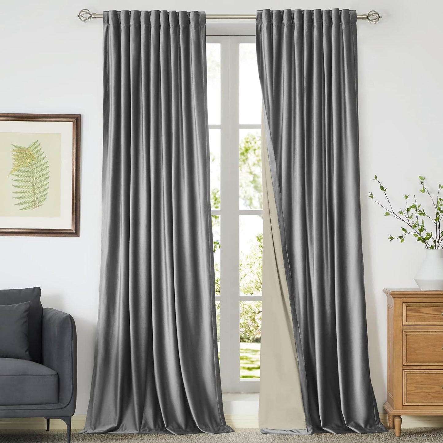 100% Blackout Ivory off White Velvet Curtains 108 Inch Long for Living Room,Set of 2 Panels Liner Rod Pocket Back Tab Thermal Window Drapes Room Darkening Heavy Decorative Curtains for Bedroom  PRIMROSE Dark Grey 52X96 Inches 