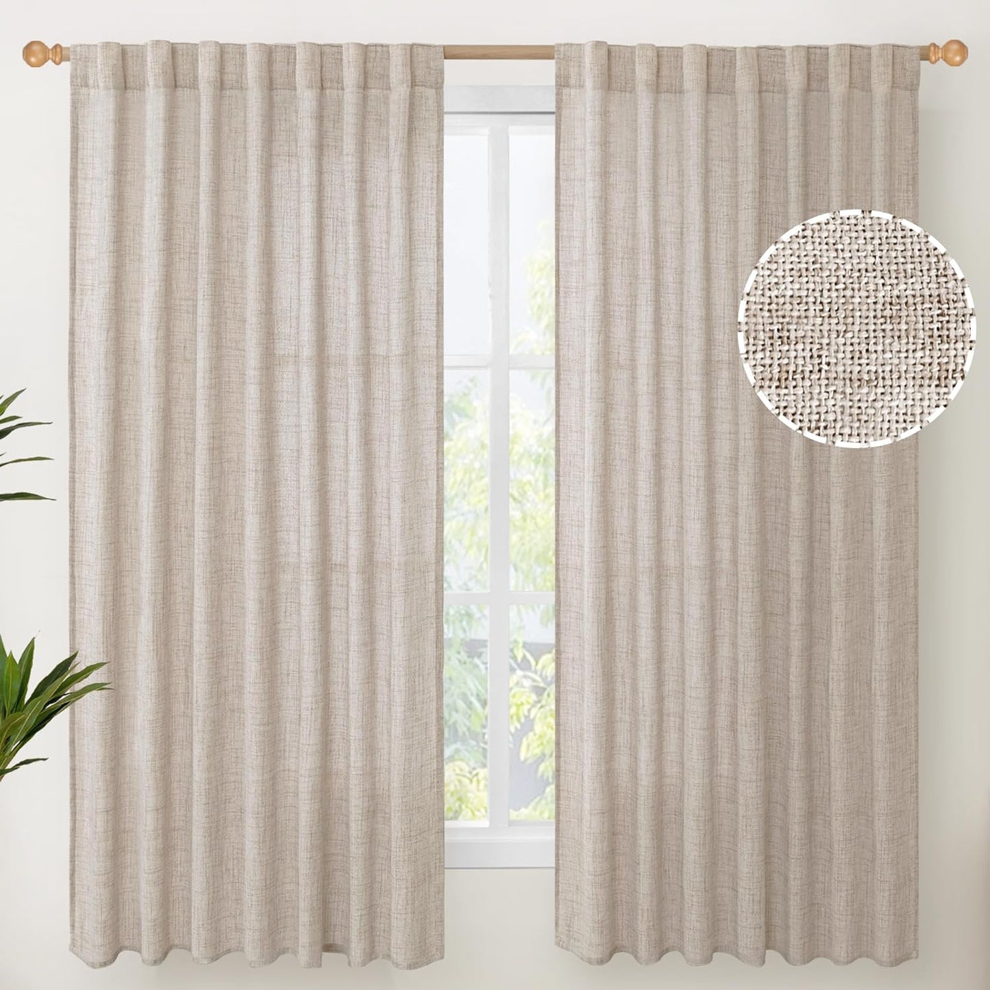 Youngstex Natural Linen Curtains 72 Inch Length 2 Panels for Living Room Light Filtering Textured Window Drapes for Bedroom Dining Office Back Tab Rod Pocket, 52 X 72 Inch  YoungsTex Natural 60W X 63L 
