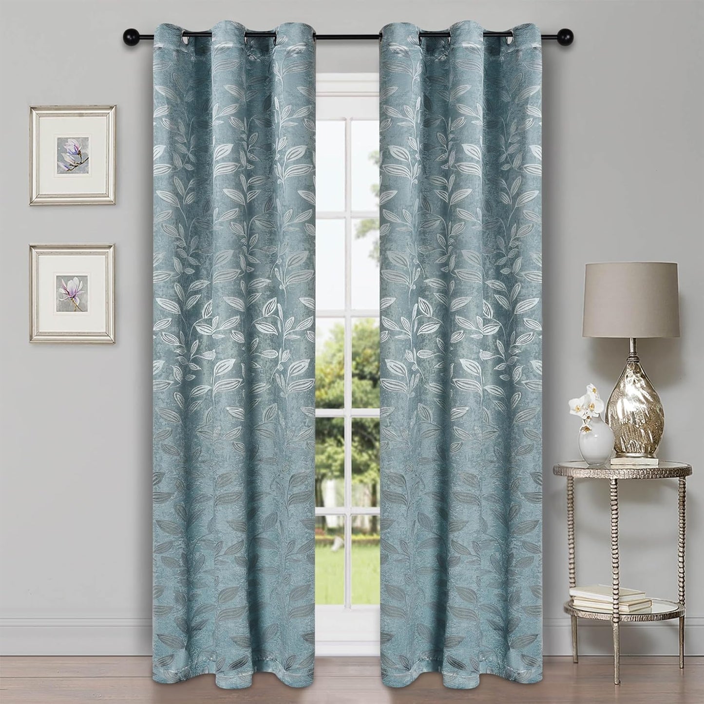 Superior Blackout Curtains, Room Darkening Window Accent for Bedroom, Sun Blocking, Thermal, Modern Bohemian Curtains, Leaves Collection, Set of 2 Panels, Rod Pocket - 52 in X 63 In, Nickel Black  Home City Inc. Green Lily 42 In X 84 In (W X L) 