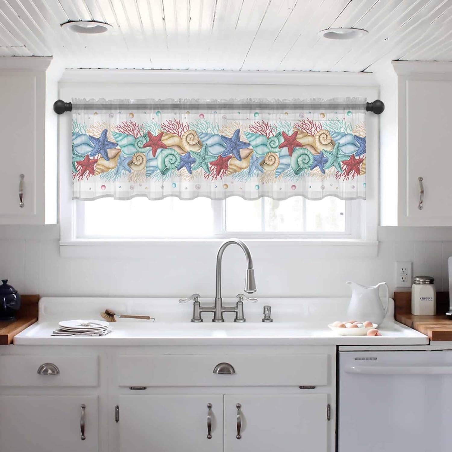Starfish Plaid Valance Curtains for Kitchen/Living Room/Bathroom/Bedroom Window,Rod Pocket Small Topper Half Short Window Curtains Voile Sheer Scarf, Buffalo Gray Sea Colored Coral Conch Pearl 42"X18"