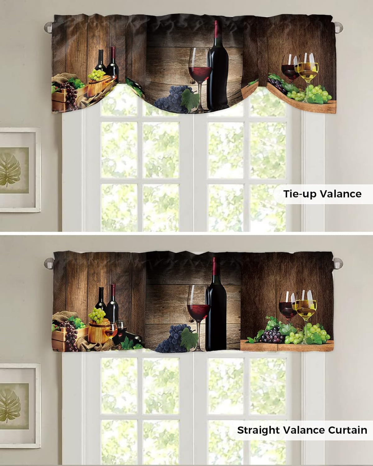 Farm Grape Wine Glass Tie up Curtain Valance for Windows,Wine Barrel Vintage Wooden Board Rod Pocket Valance Short Curtain Adjustable Tie-Up Shade Valances,Window Treatment for Living Room 60X18In