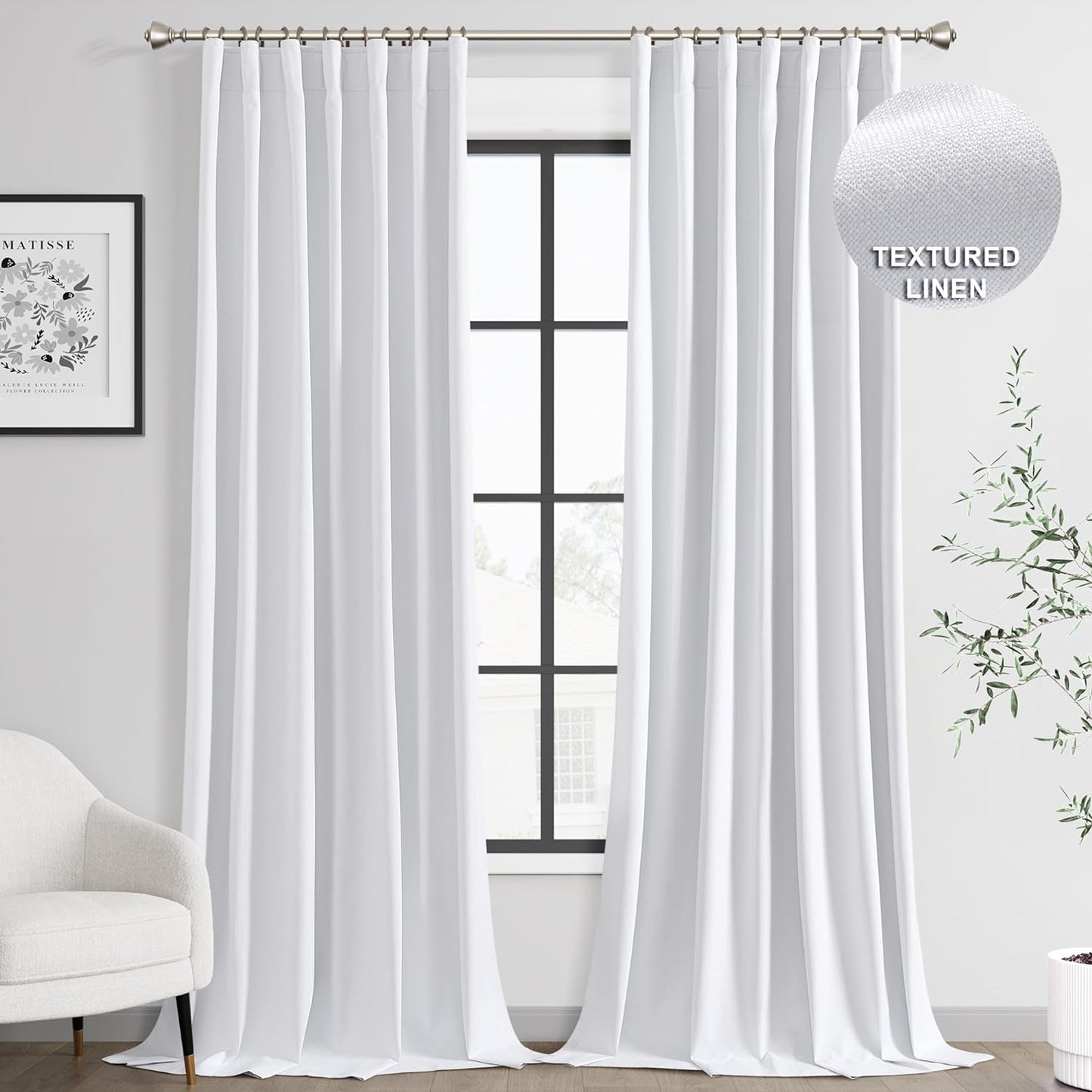Joywell 100% Blackout Linen Curtains 102 Inches Long, Rod Pocket/Back Tab/Hook Belt/Clip Rings, Thermal Insulated Floor Length Drapes for Bedroom Dining Living Room(2 Panels,W52 X L102,Linen)  Joywell White 52W X 102L Inch X 2 Panels 