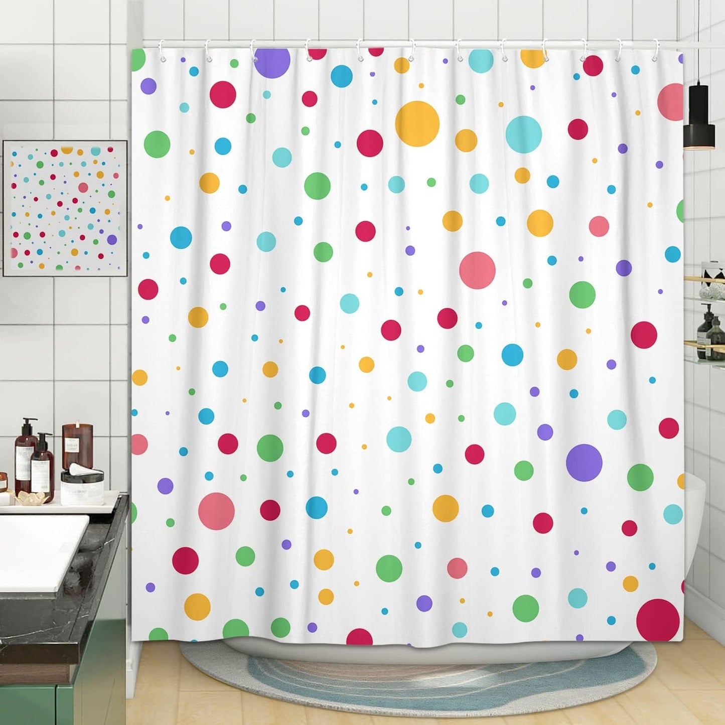 Kids Rainbow Shower Curtain for Bathroom, Colorful Geometric Cute Polka Dot Fabric Shower Curtains Set, White Modern Restroom Decor Accessories with Hooks 72X72Inches