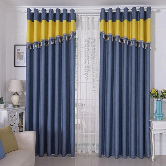 Amidoudou 1 Pair Splicing Curtains for Living Room Bedroom British Style Curtains with Valance and Tassel (Blue and Yellow,54X90 Inch)