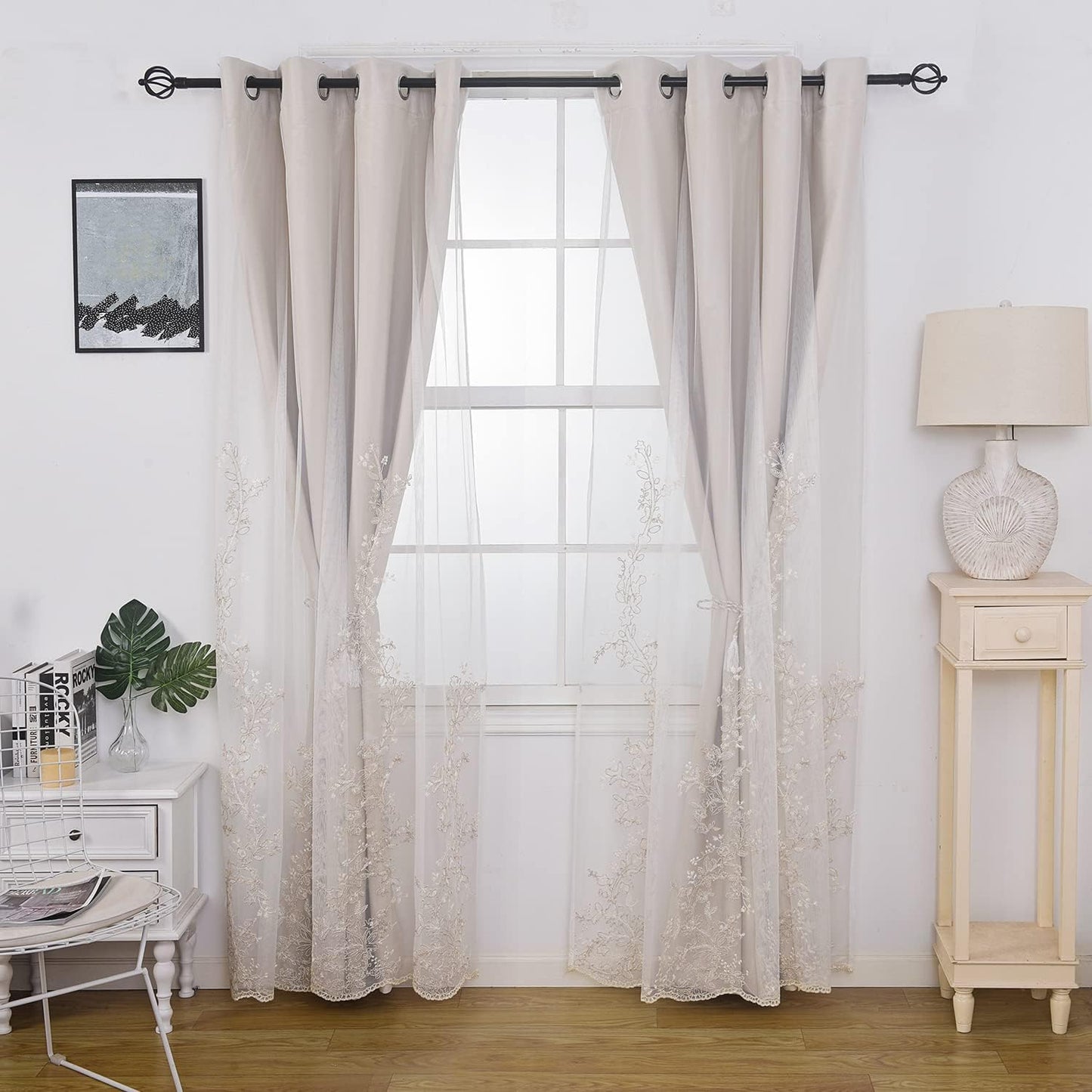 GYROHOME Double Layered Curtains with Embroidered White Sheer Tulle, Mix and Match Curtains Room Darkening Grommet Top Thermal Insulated Drapes,2Panels,52X84Inch,Beige  GYROHOME   