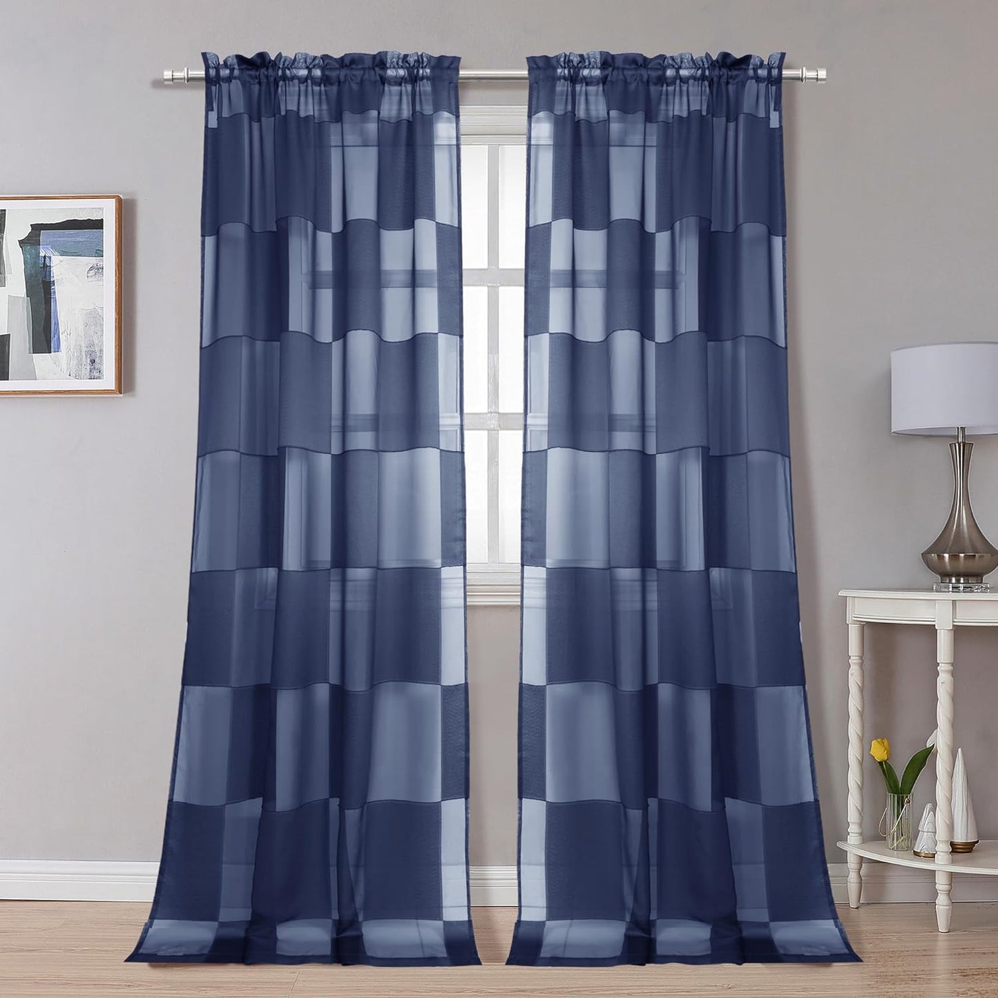 OVZME Sage Green Sheer Bedroom Curtains 84 Inch Length 2 Panels Set, Dual Rod Pocket Clip Checkered Window Curtains for Living Room, Light Filtering & Privacy Sheer Green Drapes, Each 42W X 84L  OVZME Navy Blue 42W X 108L 
