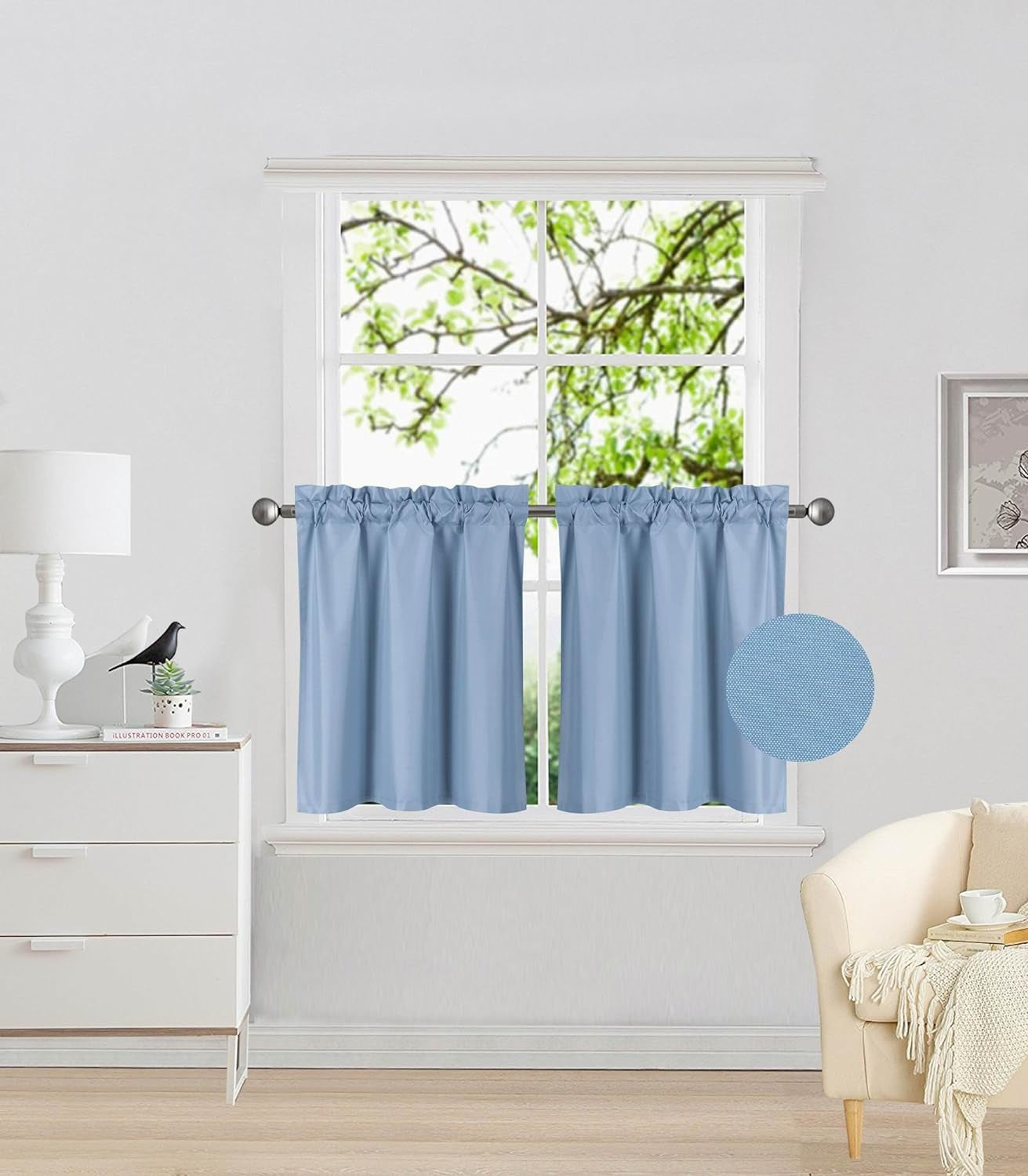 Elegant Home 2 Panels Tiers Small Window Treatment Curtain Insulated Blackout Drape Short Panel 28" W X 24" L Each for Kitchen Bathroom or Any Small Window # R16 (Sage Green)  Elegant Home Decor Light Blue  