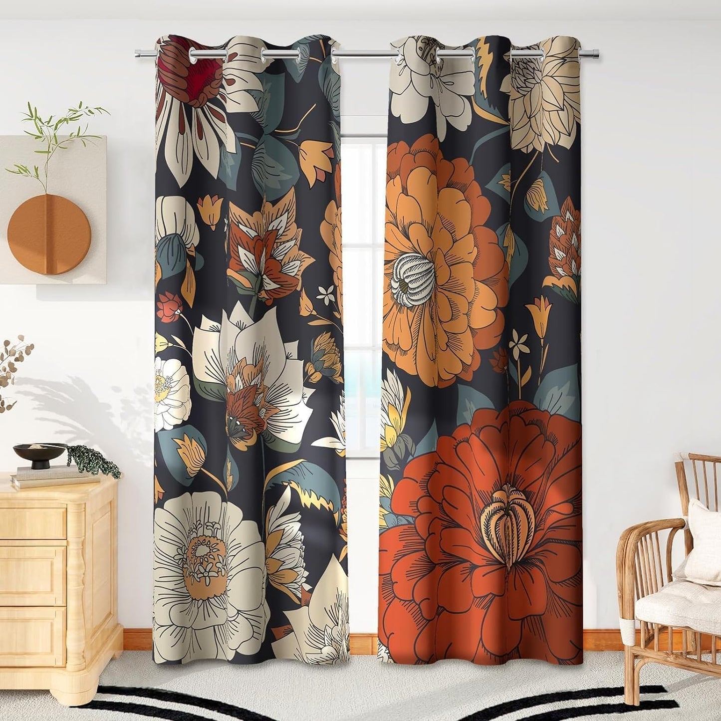 Boho Floral 100% Blackout Curtains for Living Room 96 Inch Long 2 Panels Mid Century Botanical Black Out Curtains for Bedroom Grommet Thermal Insulated Room Darkening Window Drapes,52Wx96L  Tyrot Boho Floral 42W X 84L Inch X 2 Panels 