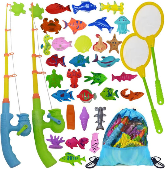 Artcreativity Fishing Toys Set for Toddlers, Magnetic Fishing Set with Rods, Nets, Bag, and 30 Aquatic Toys, Interactive Fishing Game for Kids, Swimming Pool, Bath Toys for Kids, Boys and Girls