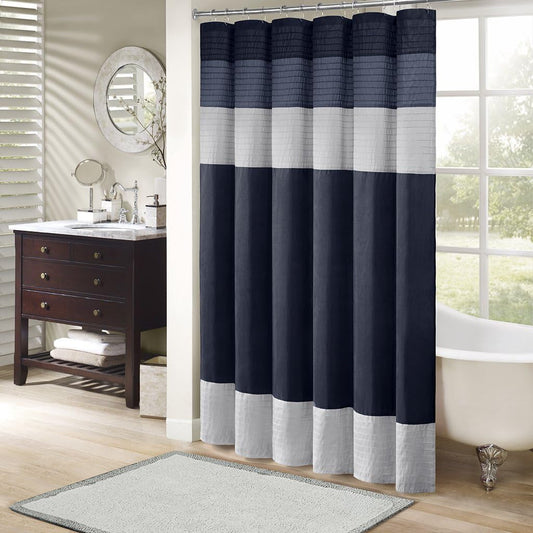 Madison Park Amherst Bathroom Shower Curtain Faux Silk Pieced Striped Modern Microfiber Bath Curtains, 72X72 Inches, Navy