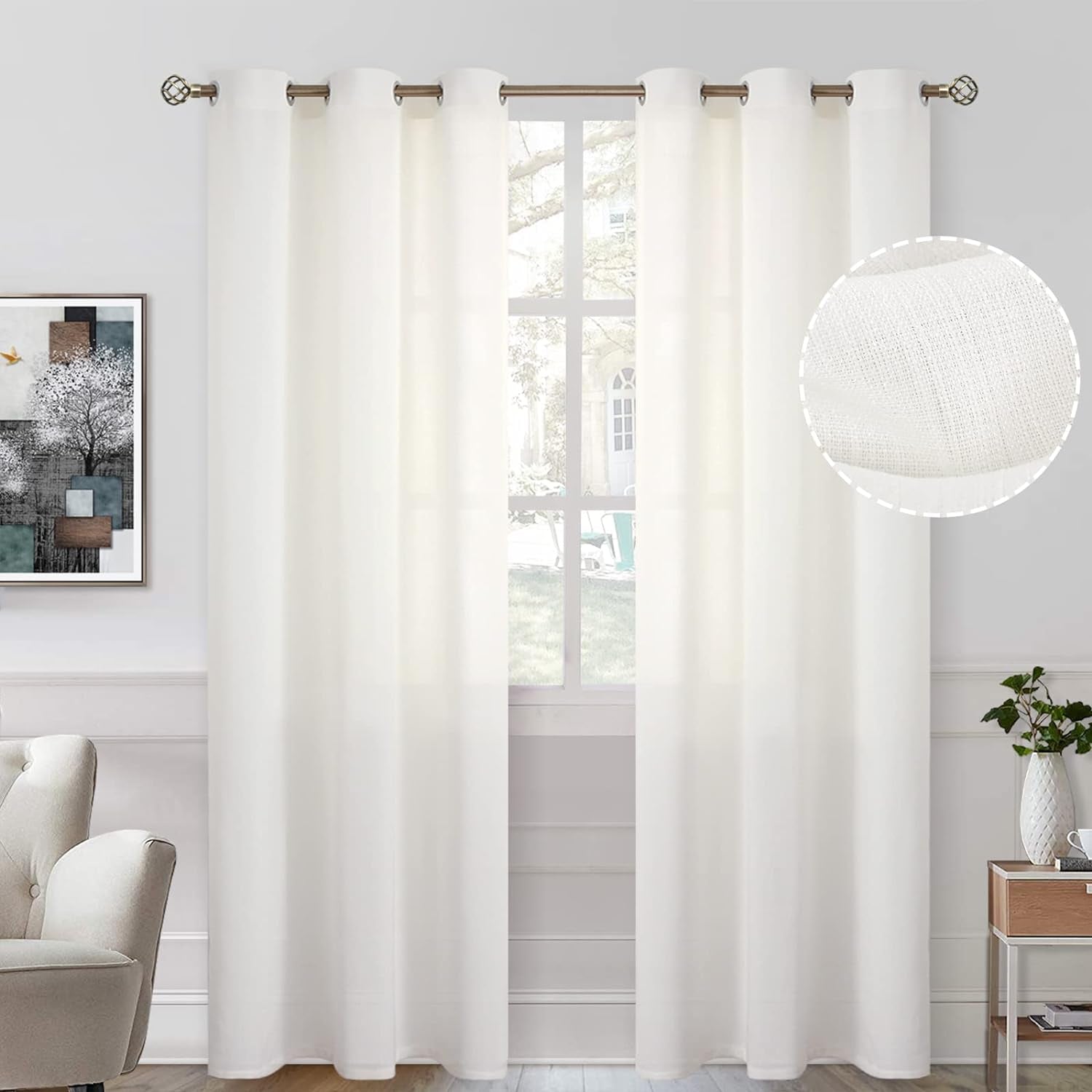 Bgment Natural Linen Look Semi Sheer Curtains for Bedroom, 52 X 54 Inch White Grommet Light Filtering Casual Textured Privacy Curtains for Bay Window, 2 Panels  BGment Ivory Cream 42W X 95L 