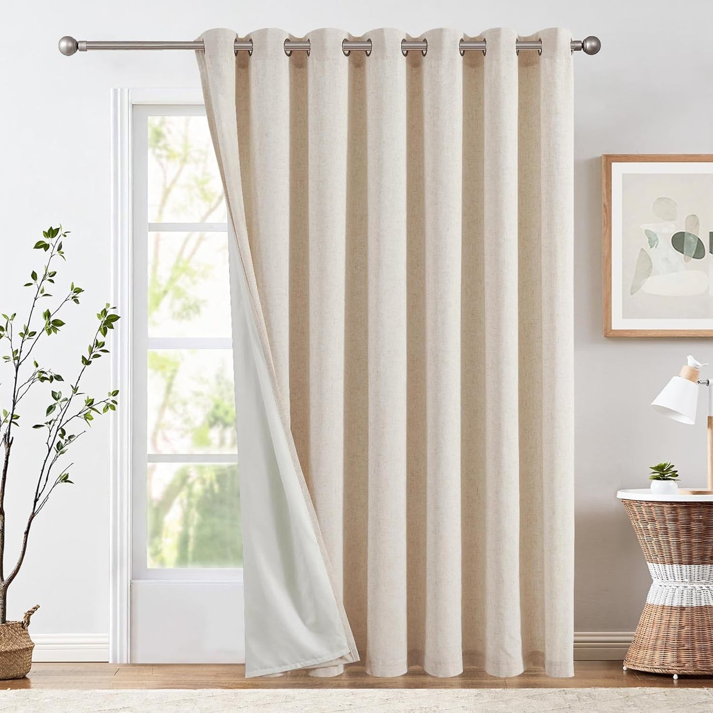 Jinchan Linen Beige Curtain 100 Inch Extra Wide for Patio Sliding Glass Door Room Divider Farmhouse Grommet Top Light Filtering Window Drape for Bedroom 100X84 Crude 1 Panel  CKNY HOME FASHION Lined Crude W100 X L84 