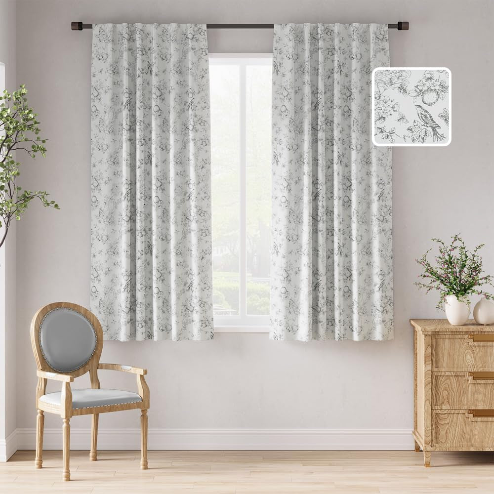 Jinchan 100% Blackout Floral Curtains 63 Inch Length, Printed Flower Blue Blackout Curtains for Bedroom Rod Pocket Back Tab Full Blackout Curtains Thermal Insulated Window Drapes, 2 Panels Blue  CKNY HOME FASHION Grey W52 X L63 