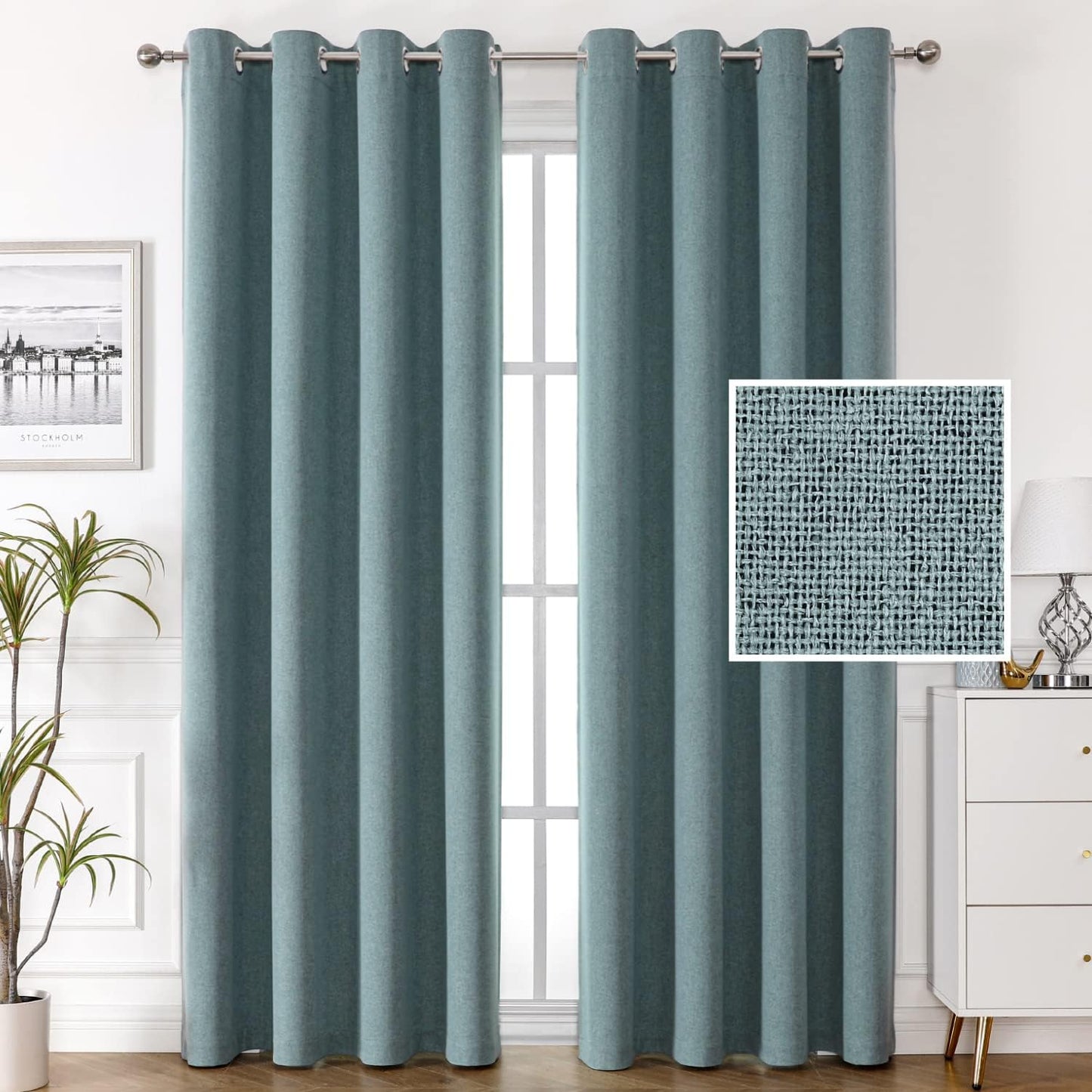 H.VERSAILTEX 100% Blackout Linen Look Curtains Thermal Insulated Curtains for Living Room Textured Burlap Drapes for Bedroom Grommet Linen Noise Blocking Curtains 42 X 84 Inch, 2 Panels - Sage  H.VERSAILTEX Stone Blue 52"W X 96"L 