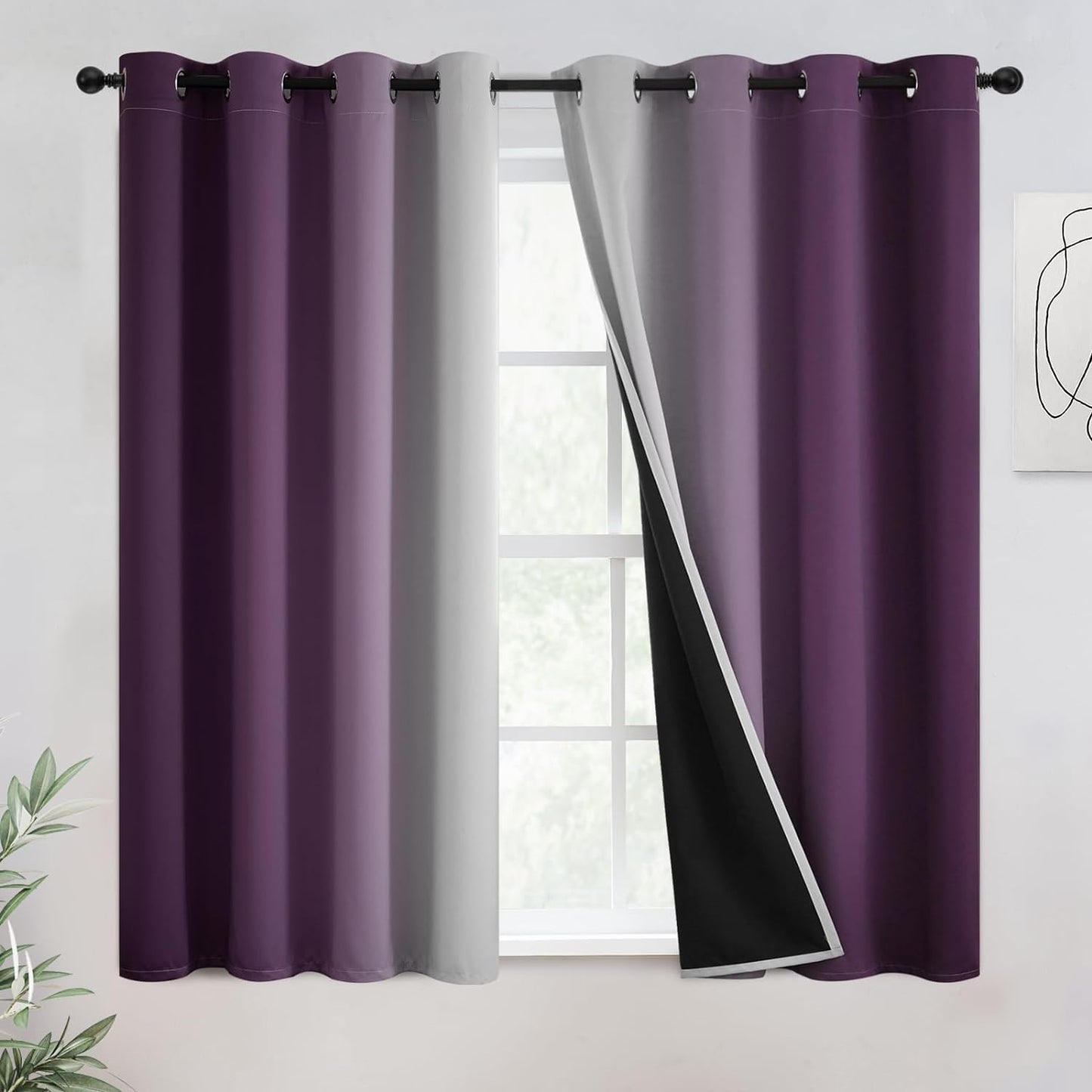 COSVIYA 100% Blackout Curtains & Drapes Ombre Purple Curtains 63 Inch Length 2 Panels,Full Room Darkening Grommet Gradient Insulated Thermal Window Curtains for Bedroom/Living Room,52X63 Inches  COSVIYA Blackout Purple To Grayish White 52W X 54L 