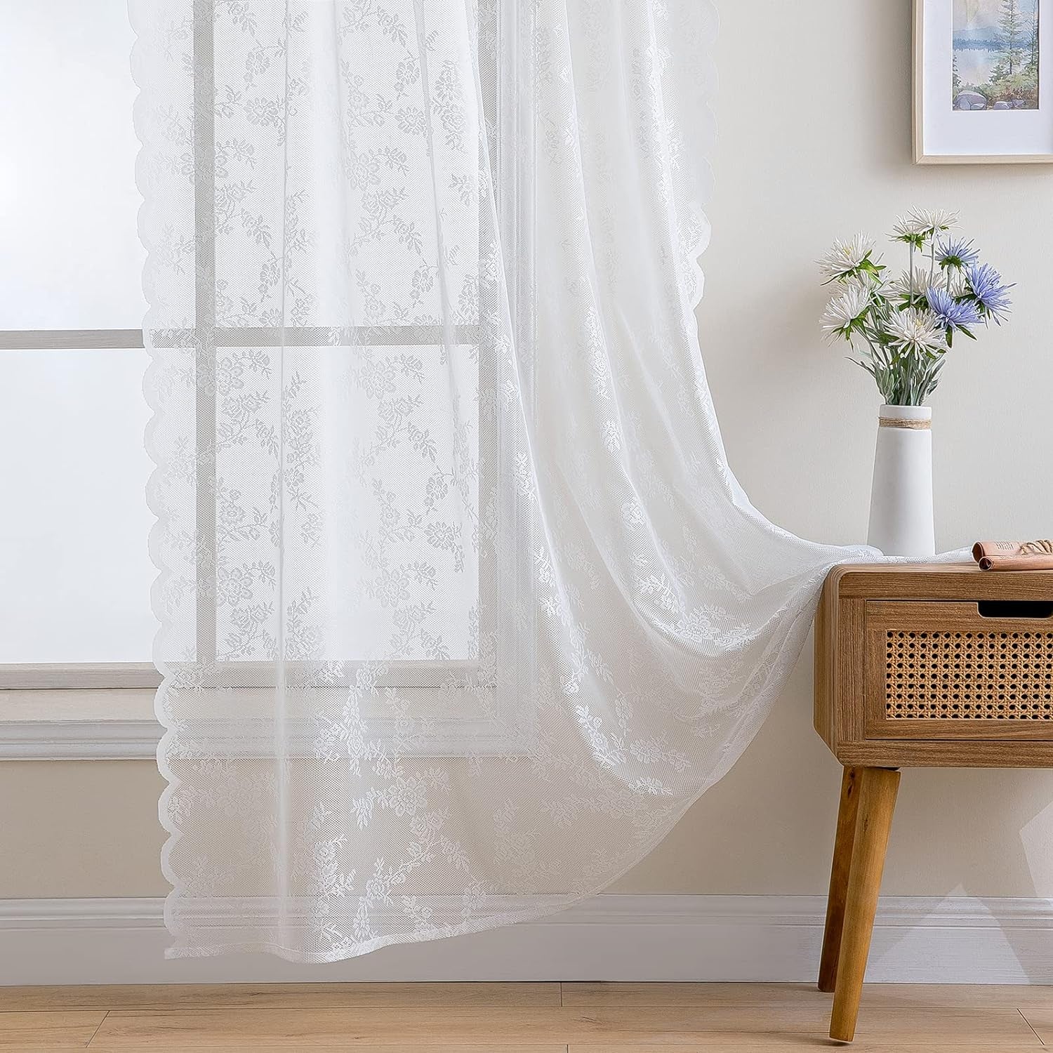 MIULEE White Lace Curtains 84 Inches Long for Living Room Bedroom, Scalloped Sheer Curtains Rose Floral Embroidered Farmhouse Window Drapes Vintage European Tulle Retro Style, Rod Pocket, 2 Panels Set  MIULEE   