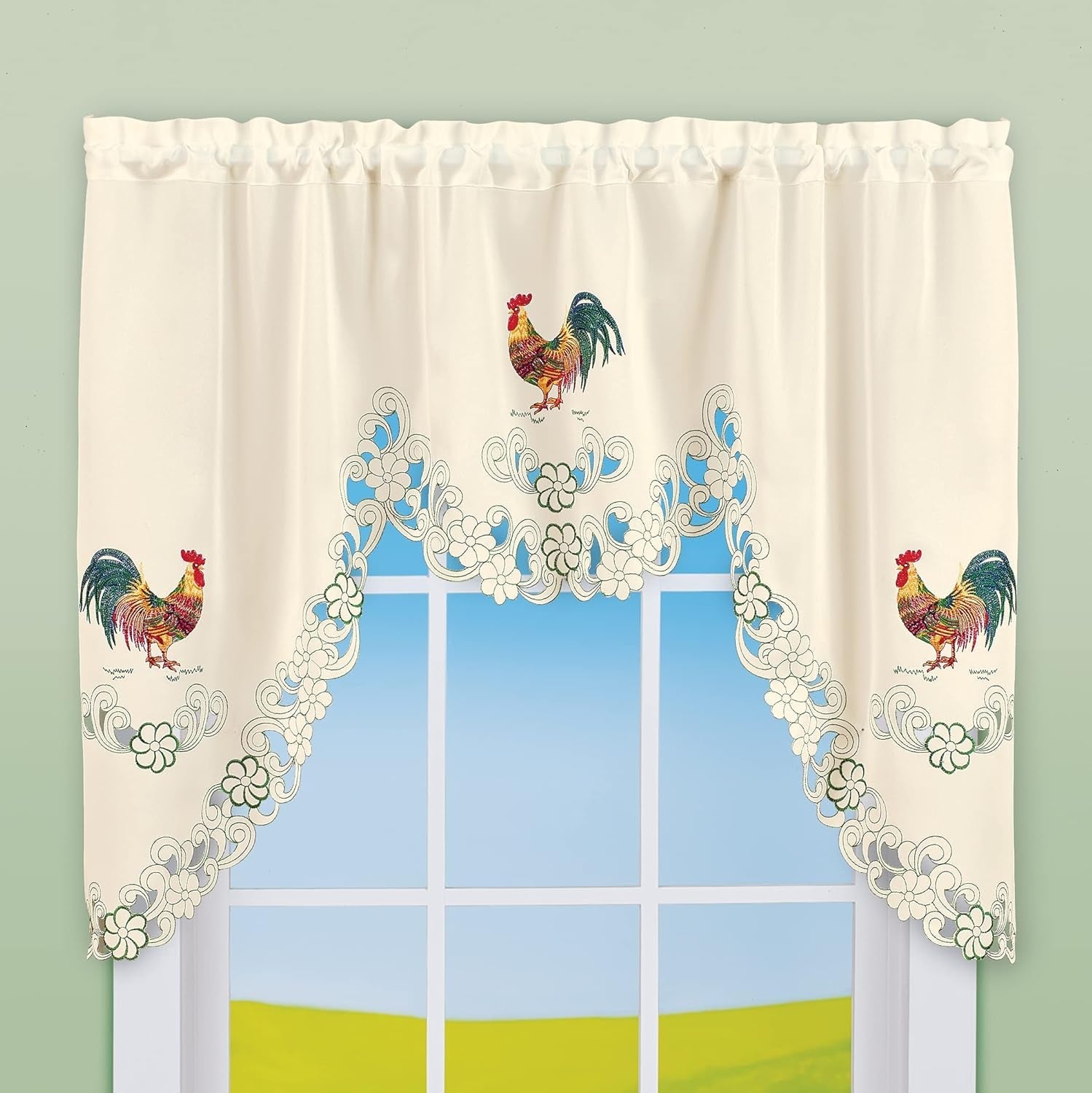 Collections Etc Rooster Embroidered Kitchen Window Curtains