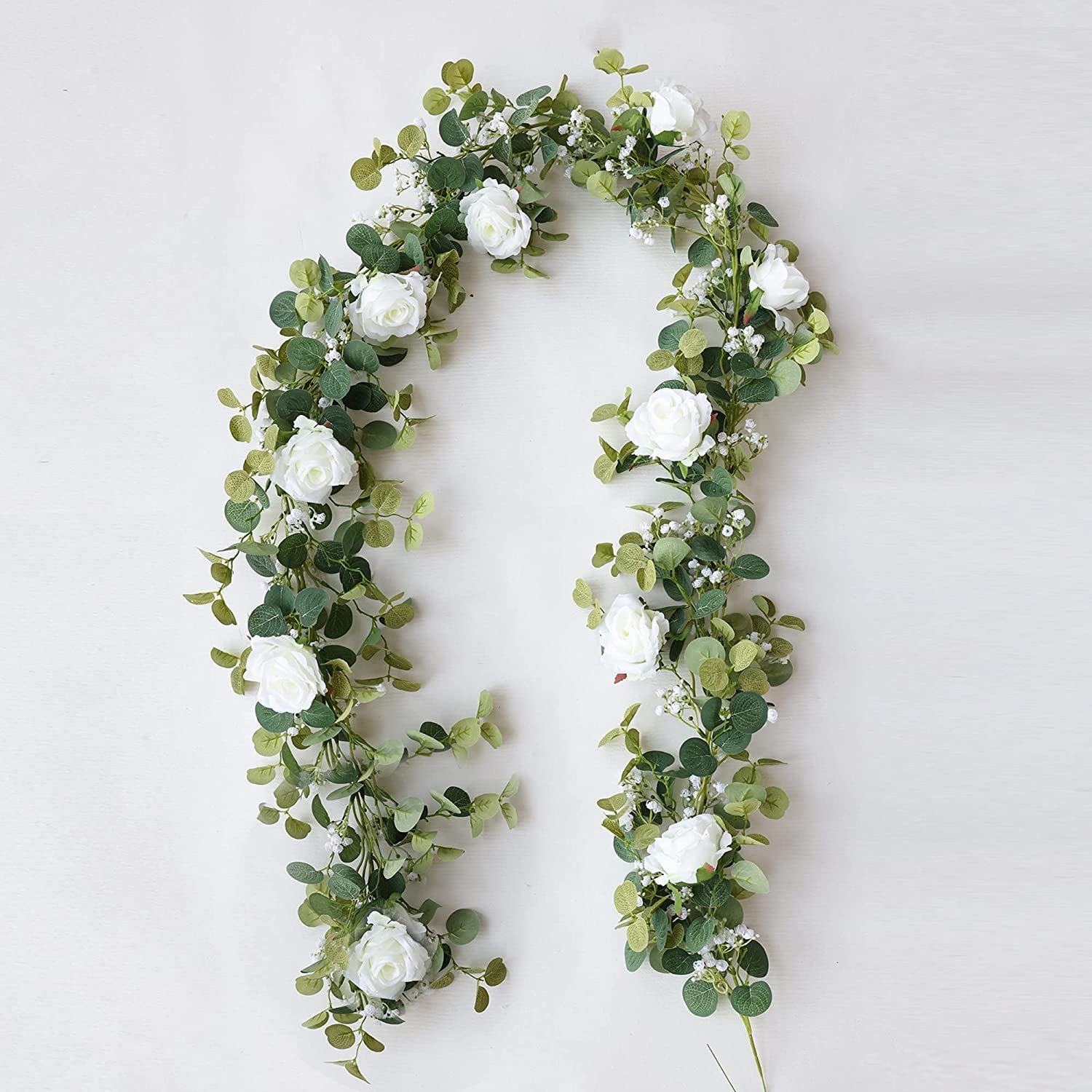 Anna'S Whimsy 5.91FT Artificial Eucalyptus Garland with Flowers, Fake Rose Gypsophila Garland, Faux Floral Garland Greenery Garland for Wedding Spring Home Party Craft Art Table Runner Decor