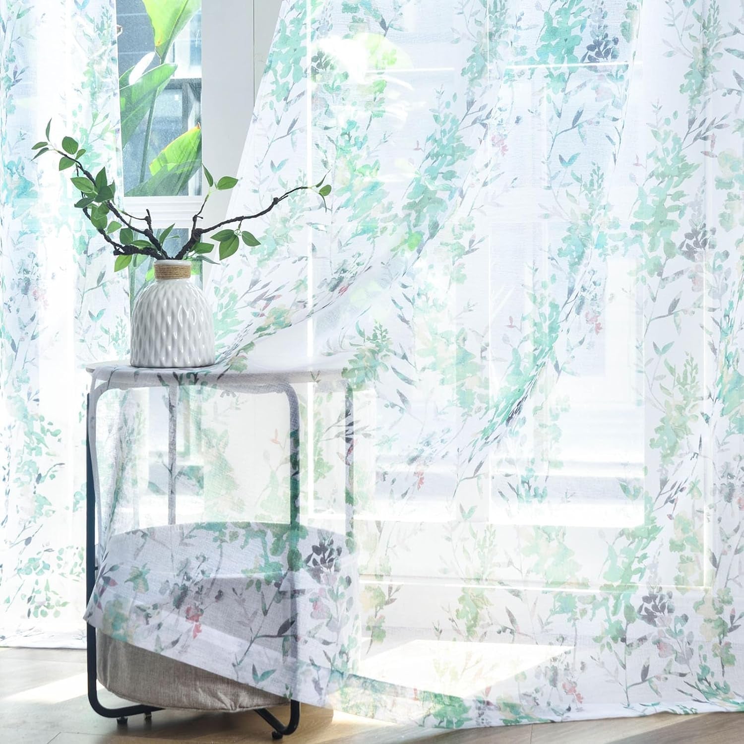 Kotile Purple White Sheer Curtains, Country Branch Leaf Print Sheer Curtains 63 Inch Length for Bedroom, Rod Pocket Privacy Floral Sheer Window Curtains, 50 X 63 Inch, 2 Panels, Purple  Kotile Textile Green W50 X L84 Inch 