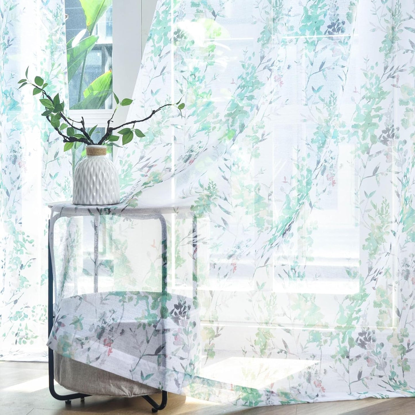 Kotile Grey White Sheer Curtains, Classic Vintage Branch Leaf Printed Sheer Curtains 63 Inch Length 2 Panels Set, Privacy Rod Pocket Sheer Window Floral Curtains, 50 X 63 Inch, Grey  Kotile Textile Green W50 X L96 Inch 