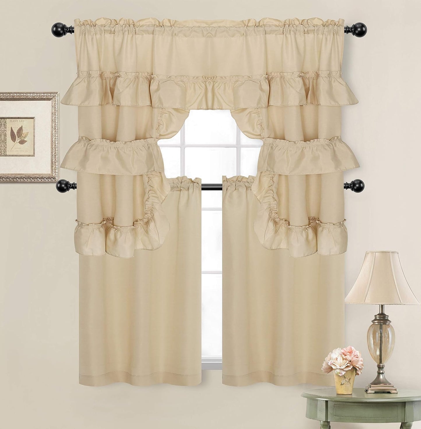 Goodgram Country Farmhouse Living Solid Colored Cafe Kitchen Curtain Tier & Swag Valance Set - Assorted Colors (White)  GoodGram Linen/Taupe  