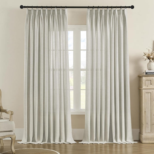 MASWOND Natural Pinch Pleated Curtain 72W X 84L Inches, Extra Wide Light Filtering Sheer Linen Curtains for Living Room Patio Door, Pinch Pleat Window Drapes with Hooks (1 Panel Greyish Beige)  MASWOND   
