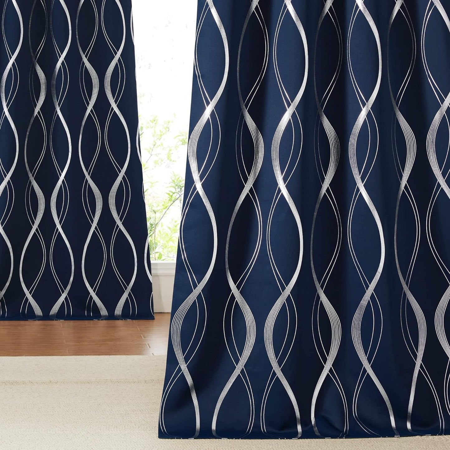 NICETOWN Grey Blackout Curtains 84 Inch Length 2 Panels Set for Bedroom/Living Room, Noise Reducing Thermal Insulated Wave Line Foil Print Drapes for Patio Sliding Glass Door (52 X 84, Gray)  NICETOWN Navy 42"W X 84"L 