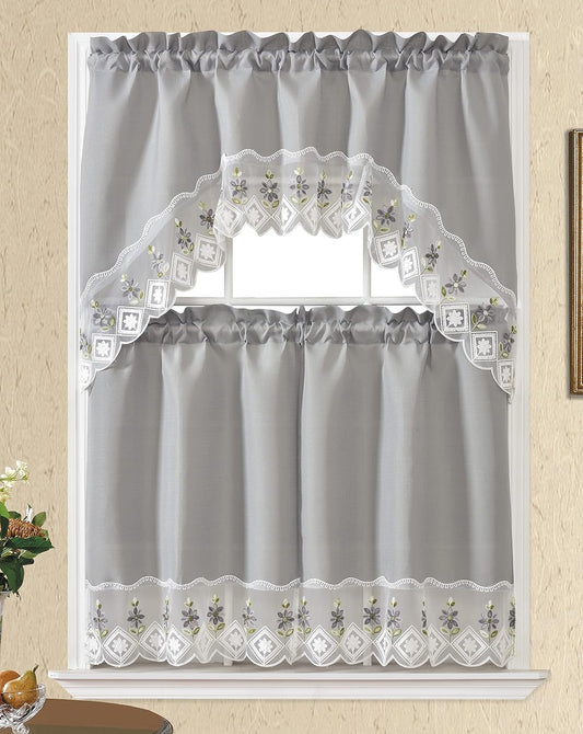 GOHD Blossom in Snow Kitchen Tiers Curtain, 3PCS Kitchen Curtains and Valances Set, Grey Fabric with Grey Flower Embroidery and White Lace. (Grey, Swag and 34.5 Inches Tiers Set)