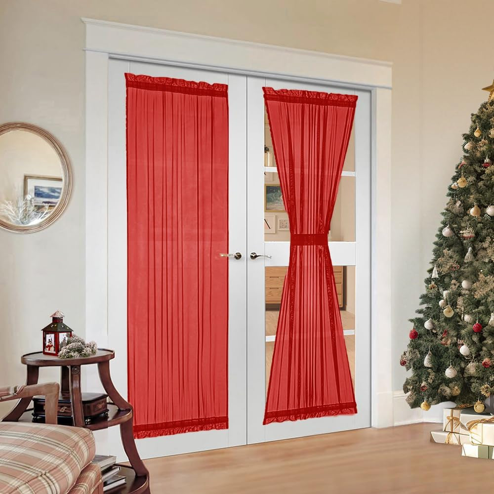 MIULEE French Door Sheer Curtains for Front Back Patio Glass Door Light Filtering Window Treatment with 2 Tiebacks 54 Wide and 72 Inches Length, White, Set of 2  MIULEE Red 54"W X 72"L 