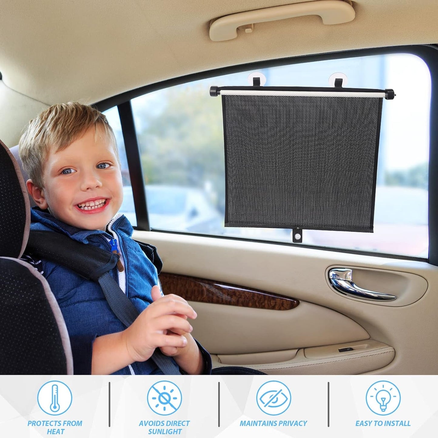 BOGI Car Window Shade (2 Pack) Car Roller Sunshade for Side Window,Car Sun Window Shade,Protect Baby,Kids and Pets from UV Rays Sun Glare,Suitable for Most Cars,Suv, Trucks,House and Office Window