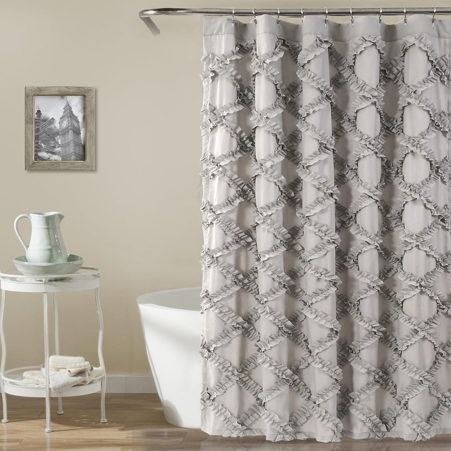 Lush Decor, White Ruffle Diamond Shower Curtain | Textured Vintage Chic Farmhouse Style Design, X 72, 72" X 72"