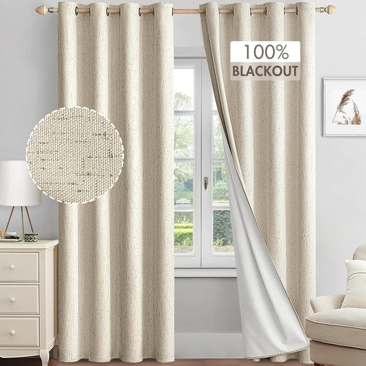 MIULEE Linen Textured 100% Blackout Curtains for Bedroom 84 Inches Long Natural Beige Thermal Insulated Black Out Curtains/Draperies with White Liner for Living Room/Nursery, Grommet Top, 2 Panels  MIULEE Natural W52Xl80 